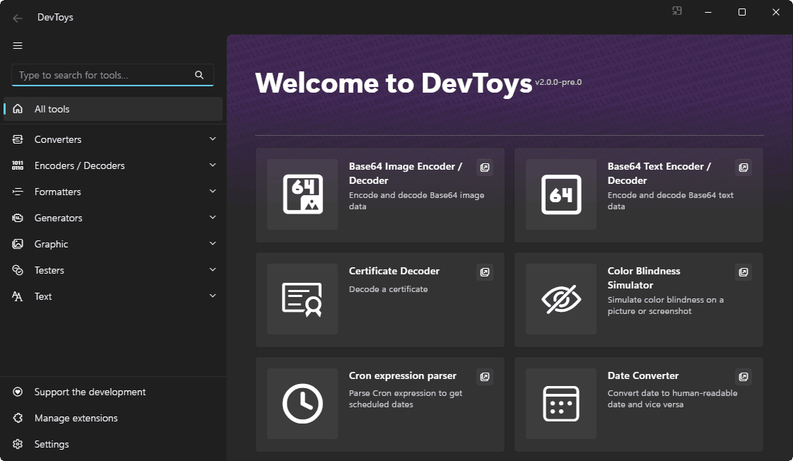 DevToys main window with the list of tools