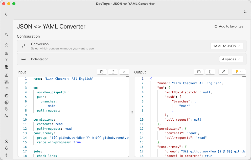 The JSON ↔ YAML converter in DevToys