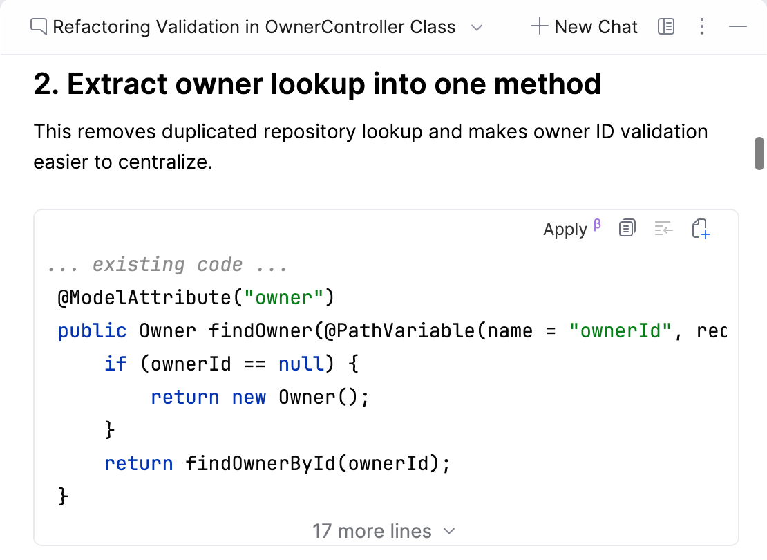 AI Assistant suggests a refactoring with an Apply button